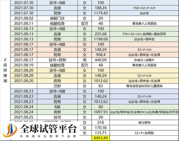 促排降调阶段各项费用情况